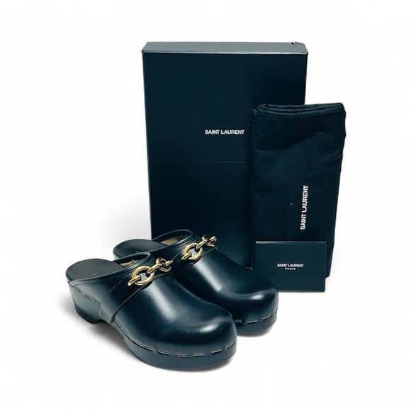 NIB Saint Laurent YSL Le Maillon EU 38 US 8 Chain Clogs Black Leather Shoes $945 - Picture 5 of 12